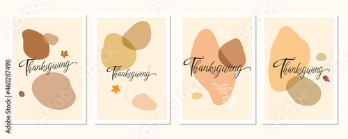 Autumn mood greeting card poster template. Welcome fall season thanksgiving invitation. Minimalist postcard nature leaves and abstract shapes. Vector illustration in flat catoon style.