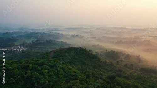 Valley covered with fog  bird s eye view  dense vegetation  trees 