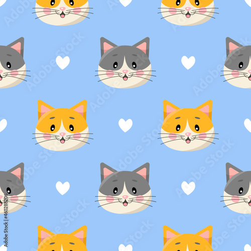 Fototapeta Naklejka Na Ścianę i Meble -  Seamless pattern with cute cartoon cats and hearts isolated on blue background