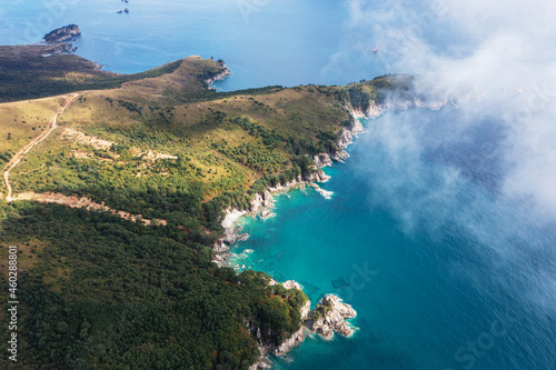 Photography Turquoise sea and rocky coastline of autumn Gamow Peninsula, aerial view
