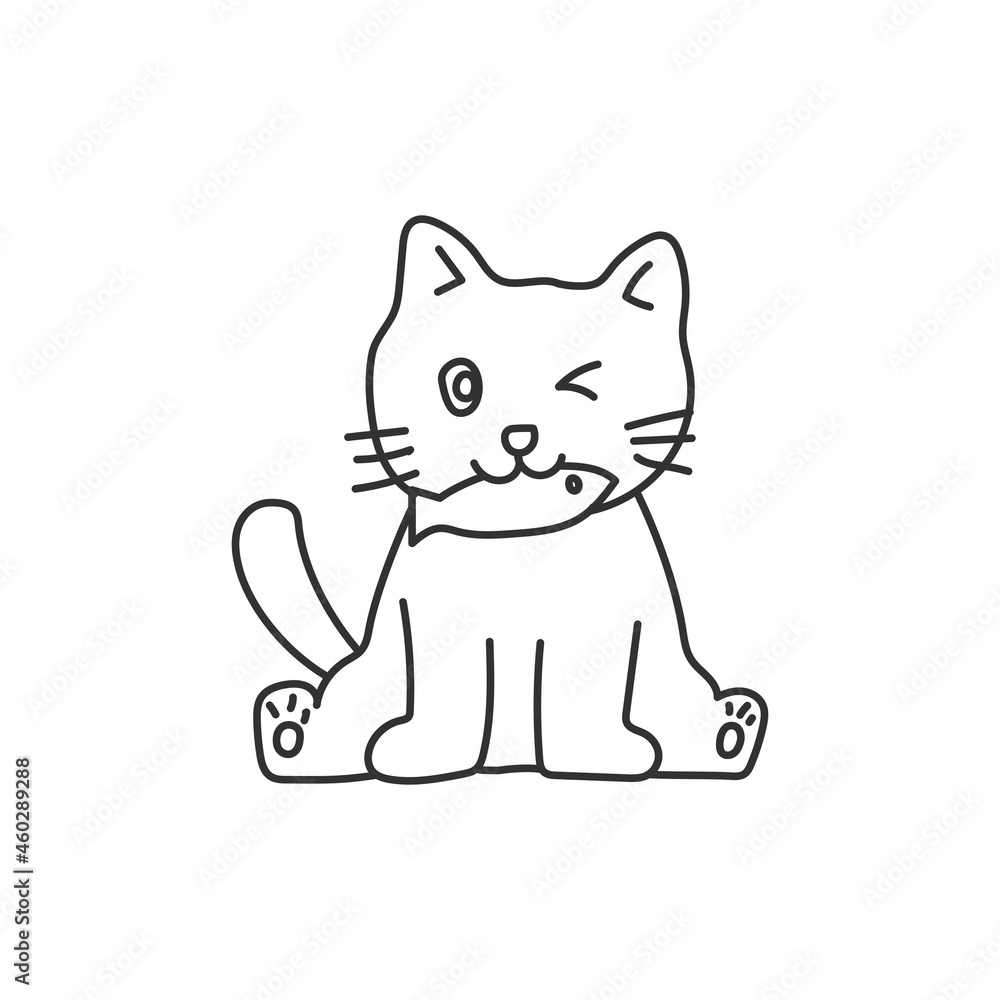 Cat Eat Fish Illustration Outline Vector Template Cat Eat Fish Illustration Outline Vector Template