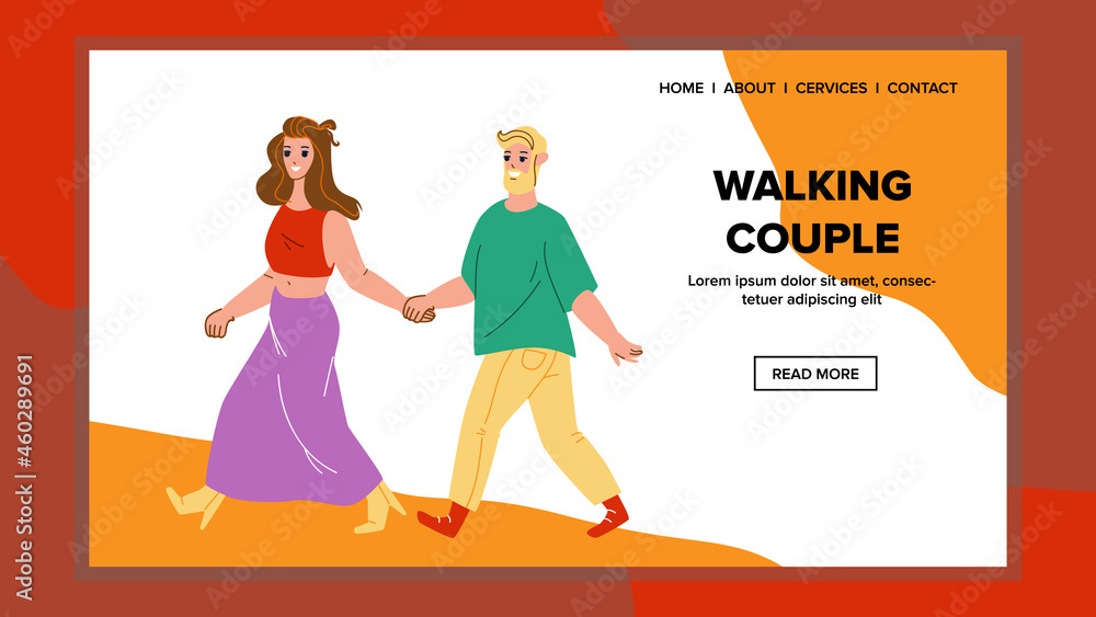 Man And Woman Couple Walking Togetherness Vector. Boyfriend And Girlfriend Couple Walk Together In Park. Characters Romantic Leisure Time And Relationship Web Flat Cartoon Illustration