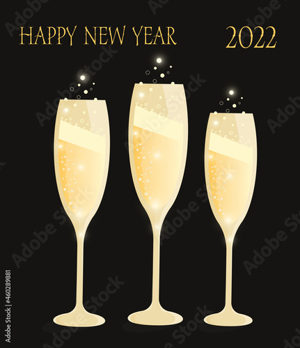 Happy New Year. 2022. Elegant Black and Gold Shapan Champagne. Holiday. Family celebration. Sparkling drink. Happy new year 2022.