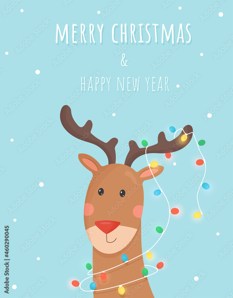 Fototapeta premium Congratulation with merry christmas and happy new year. Illustration of deer with garland