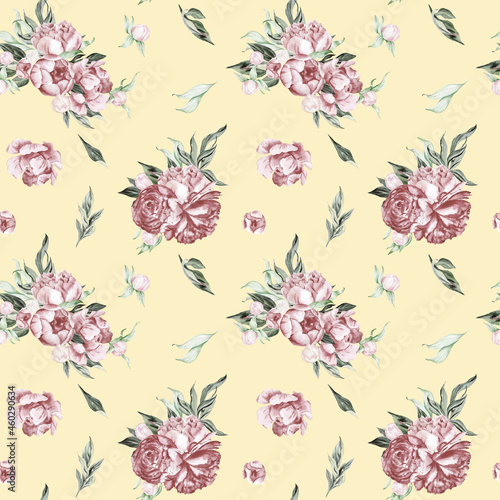 vivid peoniesWatercolor bright floral seamless pattern for fabric. Watercolor peonies pattern on yellow background repeat floral background for apparel  nursery  wallpaper  wrapping paper  home decor