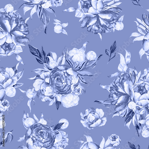 Watercolor blue floral seamless pattern for fabric. Watercolor peonies pattern repeat floral background for apparel, nursery, wallpaper, wrapping paper, home decor