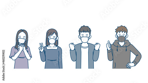 マスクをしている若い男女　人々　笑顔　喜ぶ　安心　イラスト素材