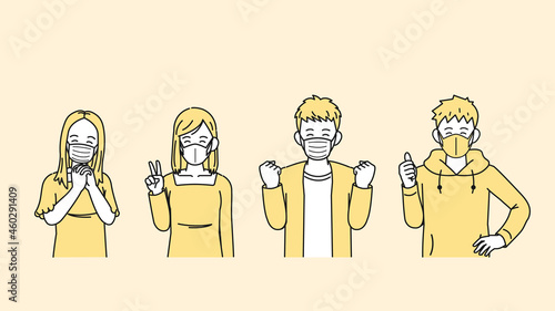 マスクをしている若い男女　人々　笑顔　喜ぶ　安心　イラスト素材