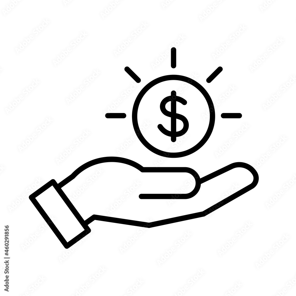 Dollar coin in hand icon, Invest finance and save money concept, Linear design, Vector illustration Dollar coin in hand icon, Invest finance and save money concept, Linear design, Vector illustration