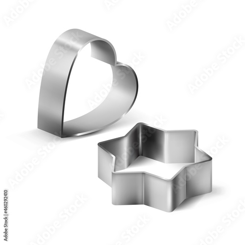 Cookie Cutters Metallic Accessories Set Vector. Cookie Cutters In Heart And Star Shape For Prepare Celebration Cake Biscuit Dessert. Shaped Kitchen Steel Utensil Template Realistic 3d Illustrations