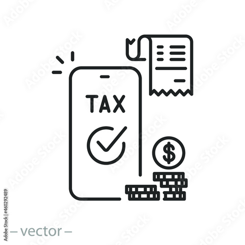 online declaration in mobile icon, pay tax on phone, receipt bill with coins, e invoice, payment receipt, thin line symbol - editable stroke vector illustration