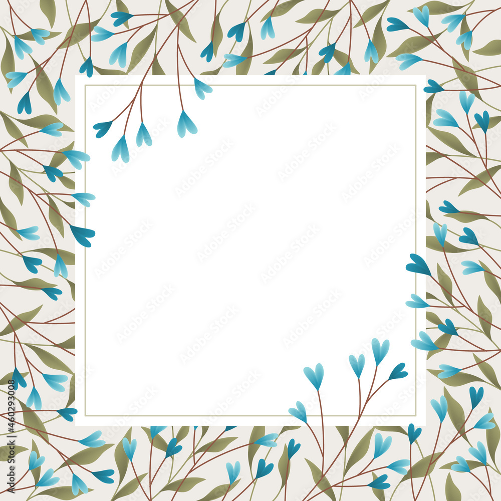 Square background or frame design with blue heart branches, leaves, and white panel for text.