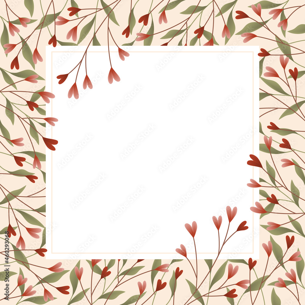 Square background or frame design with pink and red heart branches, leaves, and white panel for text. Square background or frame design with pink and red heart branches, leaves, and white panel for text.