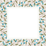Square background or frame design with blue heart branches, leaves, and white panel for text.