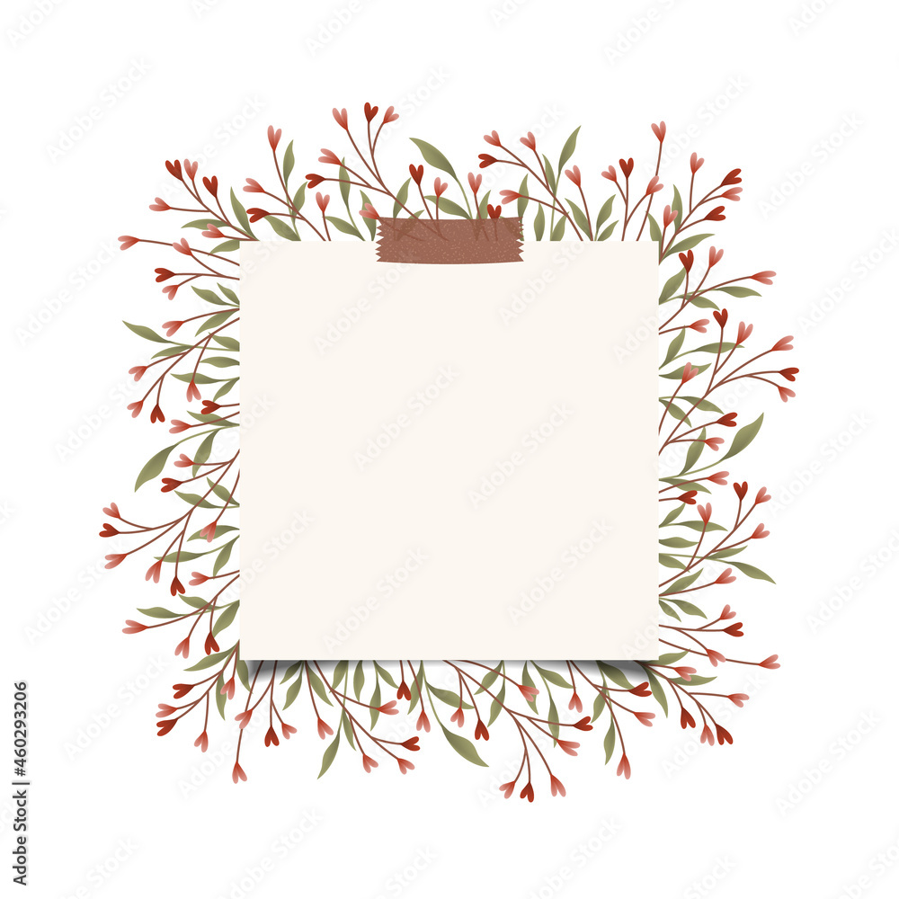 Square frame design with pink and red heart branches, leaves, and washi taped paper panel. Square frame design with pink and red heart branches, leaves, and washi taped paper panel.