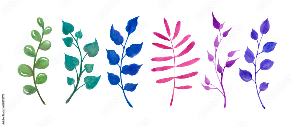 Watercolor set with forest leaves. Collection with field plants. Autumn, summer and spring seasons. Wash drawing illustration.