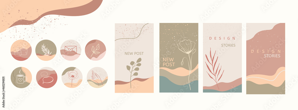 Social media stories and post templates set. Vector highlight covers or icons with hand drawn leaves