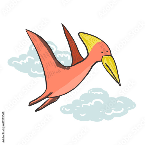 Cute sketch hand drawn color pteranodon illustration. Bright cartoon childish funny dinosaur for kids print design, textile decoration, greeting cards, dino stickers, logo