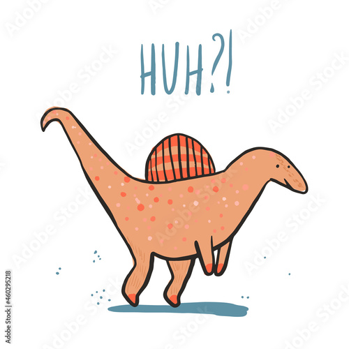 Cute sketch hand drawn orange color spinosaurus illustration. Bright cartoon childish funny dinosaur for kids print design, textile decoration, greeting cards, dino stickers, logo
