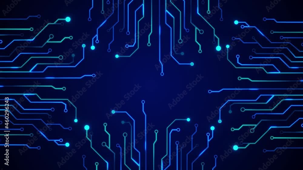 Futuristic motherboard circuit graphic 4K Loop animation background. Printed circuit board PCB. Electronic connections, communication, futuristic technology. hi-tech digital data connection system.