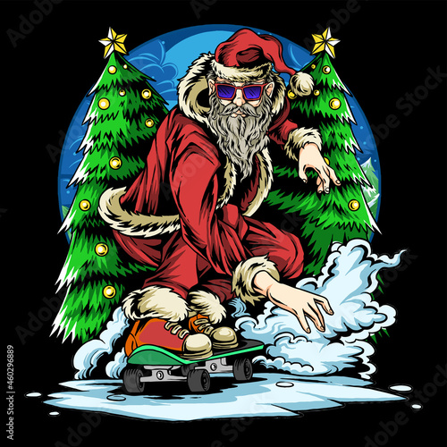 santa claus skateboarder skating on snow field on christmas
