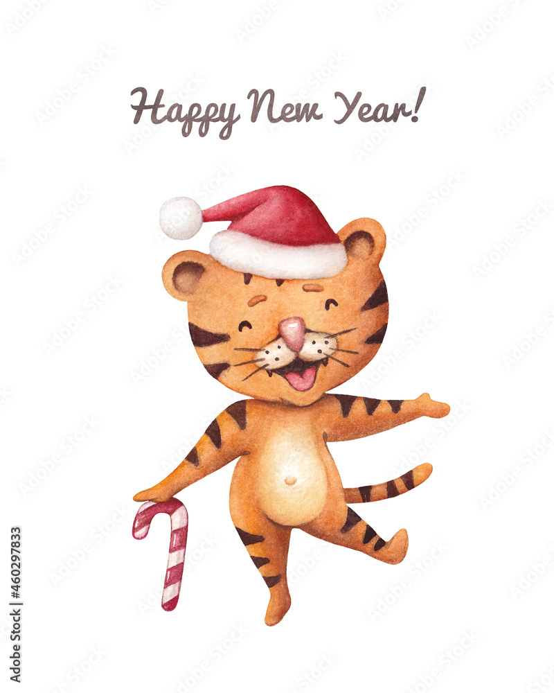 Fototapeta premium Watercolor illustration with a cute cartoon tiger in a red cap and a cane. Children's hand-drawn illustration of Merry Christmas on a white background.