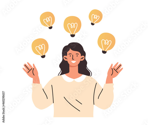 Smiling female characters is catching new creative ideas with lightbulbs on white background. Concept of people trying to find new fresh ideas for creative work. Flat cartoon vector illustration