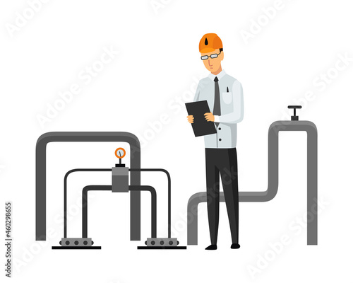 Oil petroleum industry. Engineer or oilman looking to professional document isolated. Control extraction or transportation oil and petrol on flat cartoon icon. Isolated vector illustration
