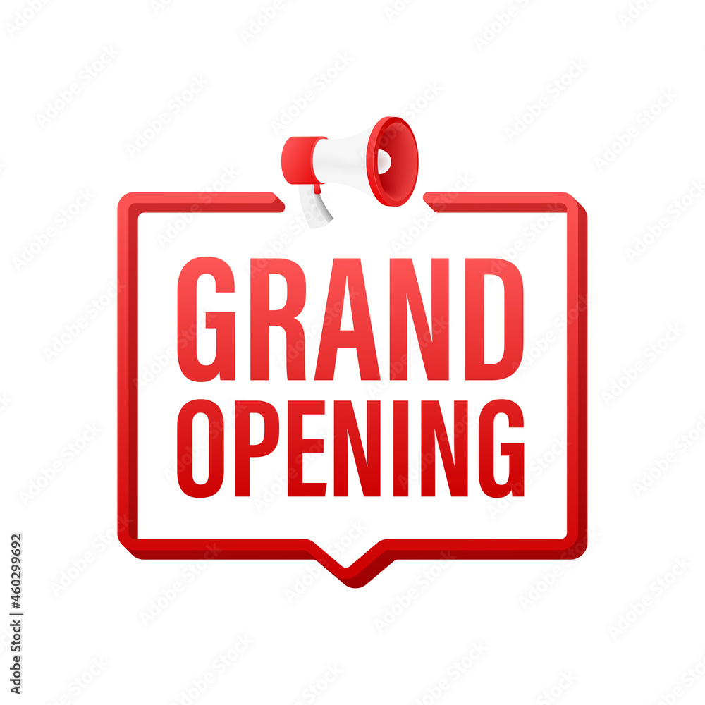Megaphone label with grand opening. Megaphone banner. Web design. Vector stock illustration. Megaphone label with grand opening. Megaphone banner. Web design. Vector stock illustration.