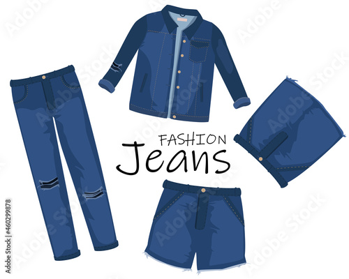 Jeans clothing. Trendy fashion ripped denim casual clothes vector illustration, jeans outfit garments models