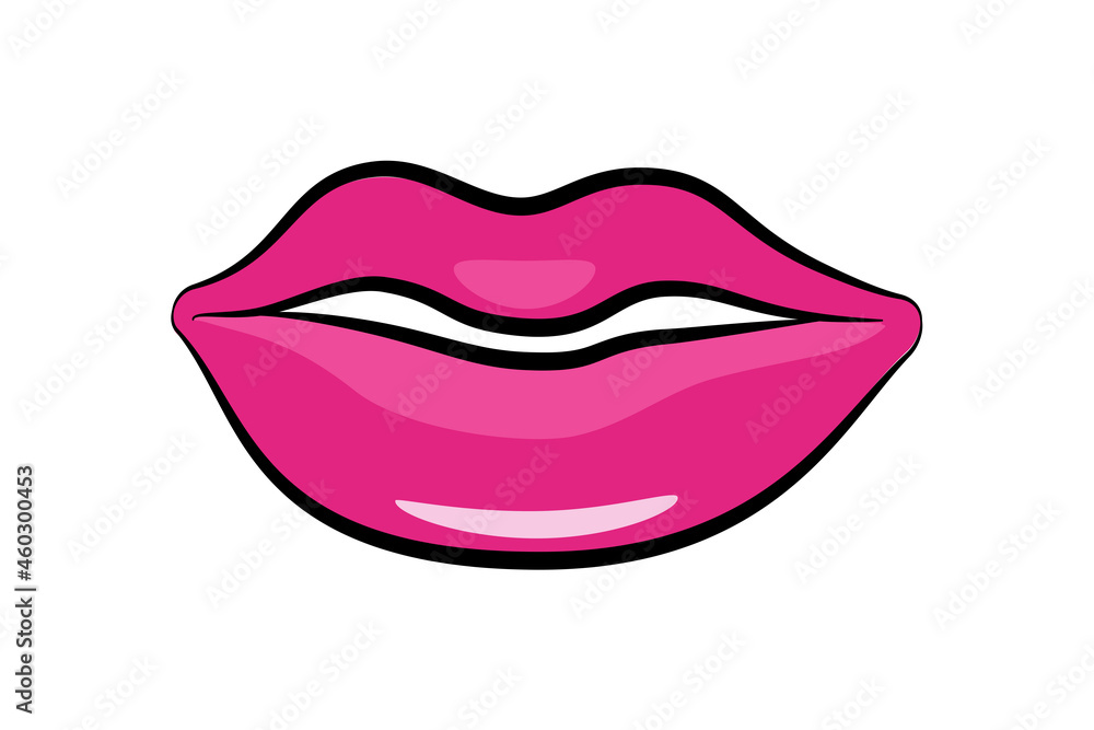 Female sexy pink beautiful lips sticker or colorful badge icon.