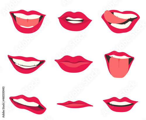 Cartoon cute mouth expressions facial gestures set with pouting lips smiling sticking out tongue