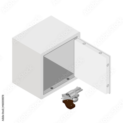 Isometric steel money bank safe with revolver gun isolated on white background