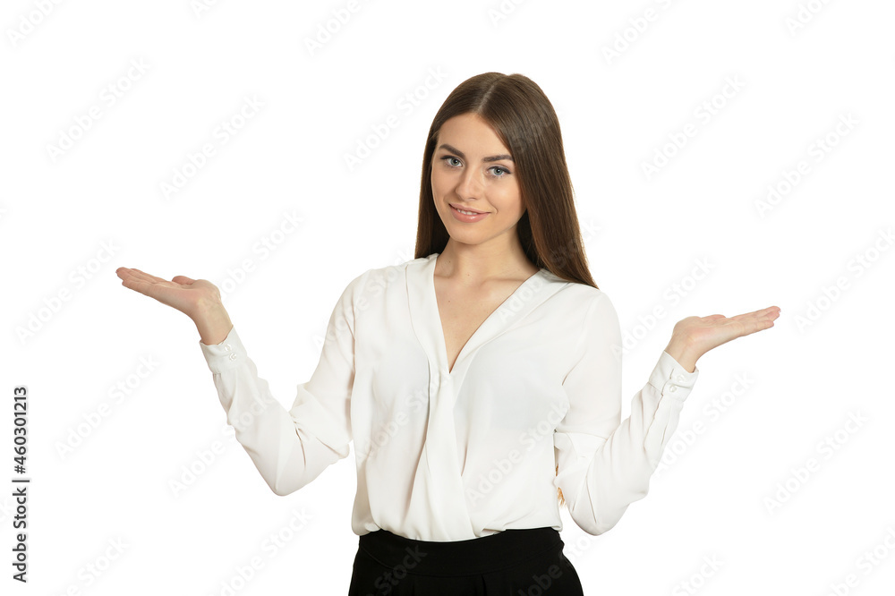 Brunette woman holding copy space on hands isolated Brunette woman holding copy space on hands isolated