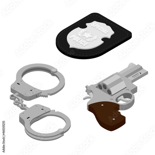 Pistol revolver, special police badge and handcuffs