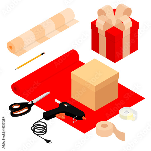 Gift wrapping concept. Present preparation. Wrapping materials and gift box.