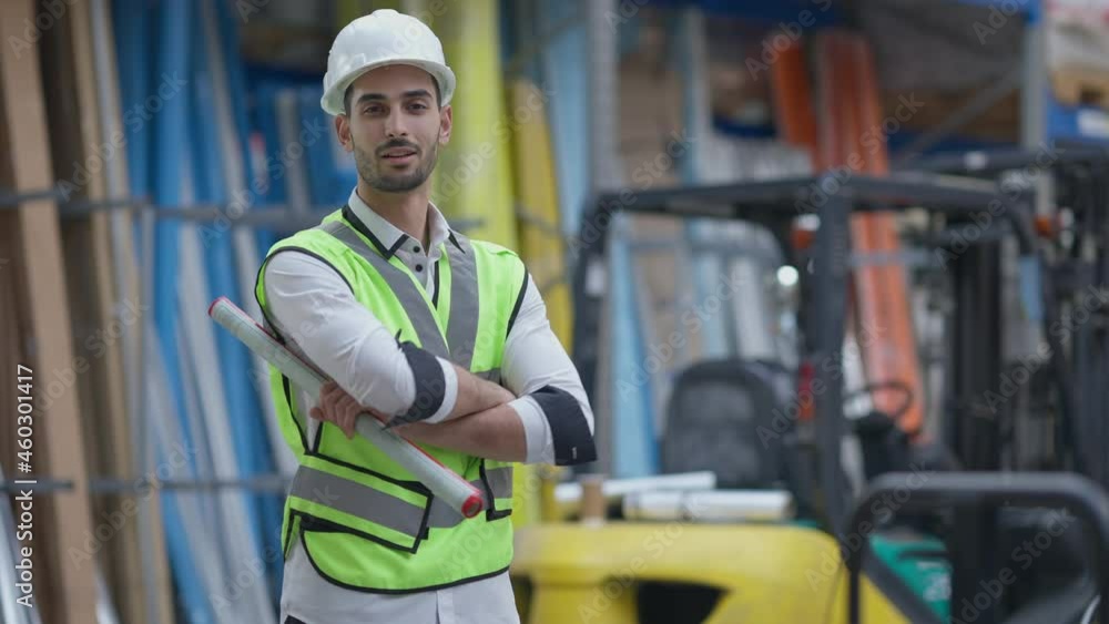 Thoughtful young Middle Eastern man crossing hands turning to camera smiling standing in industrial storage indoors. Portrait of positive handsome freight agent in hard hat posing in warehouse Thoughtful young Middle Eastern man crossing hands turning to camera smiling standing in industrial storage indoors. Portrait of positive handsome freight agent in hard hat posing in warehouse