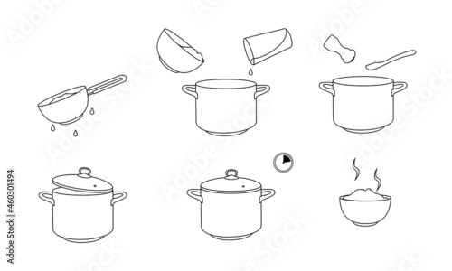 How to cook rice with few ingredients easy recipe. Instruction on rice making process for breakfast. Hot bowl with tasty food.