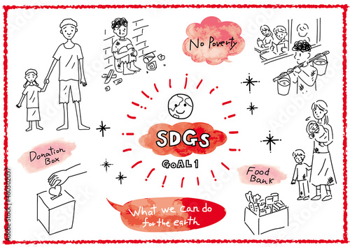 SDGs目標1「貧困をなくそう」イメージのシンプル線画イラストセット