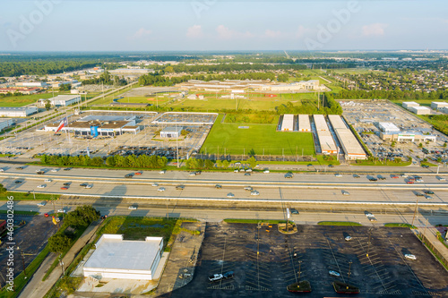 Aerial overlooking with traffic line 45 Interstate expressway around mall plaza of beautiful highway Texas in USA Houston city photo