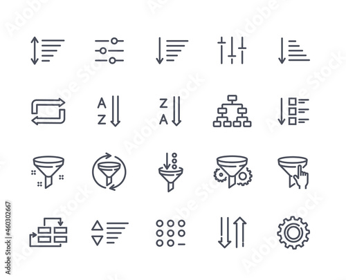 Set of sorting and filtering related linear icons on white background. Templates of data processing, structure order, digital management and other icons for business. Flat cartoon vector illustration