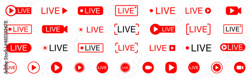 Live streaming icon set. live icon. Online stream. Video play. Red symbols and buttons of live streaming. Play button icon set. Vector illustration