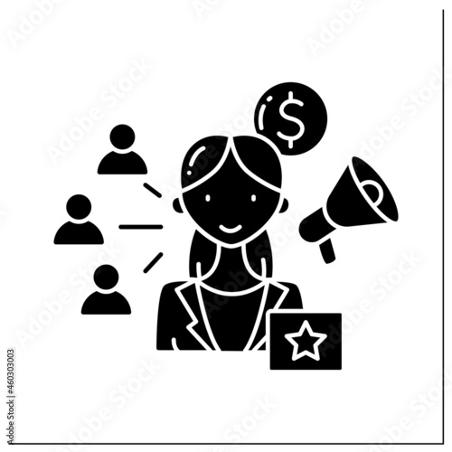  Affiliate marketing glyph icon. Cooperation between brands in product promotion. Product advertising.Small business owner concept.Filled flat sign. Isolated silhouette vector illustration