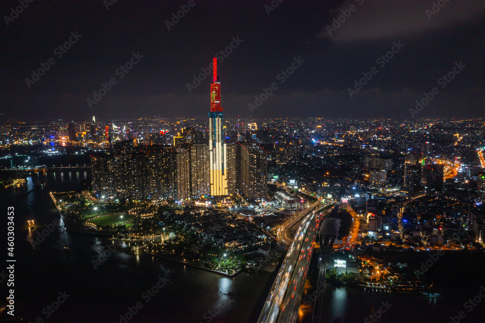 Fototapeta premium Aerial view of Ho Chi Minh city skyline at night
