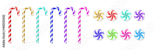 Christmas colorful striped sweets set isolated on white background. Realistic candy cane. Vector illustration.