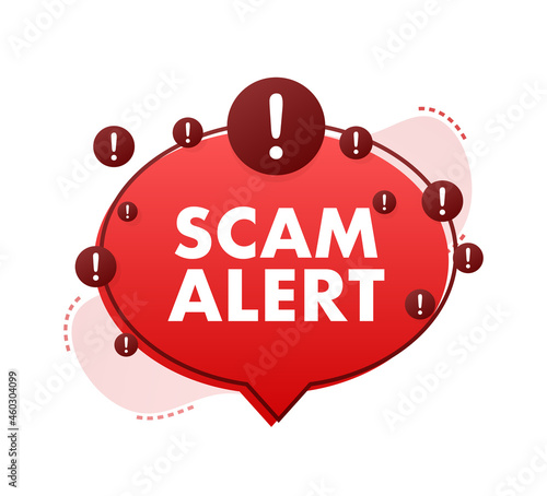 Banner with red scam alert. Attention sign. Cyber security icon. Caution warning sign sticker. Flat warning symbol. Vector stock illustration.