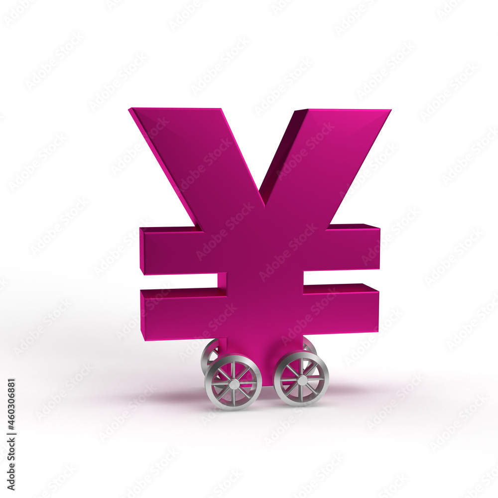 Obraz premium Purple yen currency symbol on wheels as a car on a white isolated background.