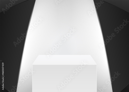 Product photography scene with white table box and softboxes. Macro photo shooting background with studio lights, realistic vector illustration.