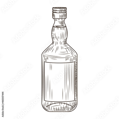 Bottle pisco isolated on white background. Bottle in engraved style.