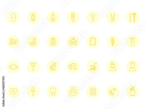 医療（黄色）　アイコン　絆創膏　ワクチン　体温計　血圧計　医者　看護師　病院　菌　車椅子　マスク等 © nissat